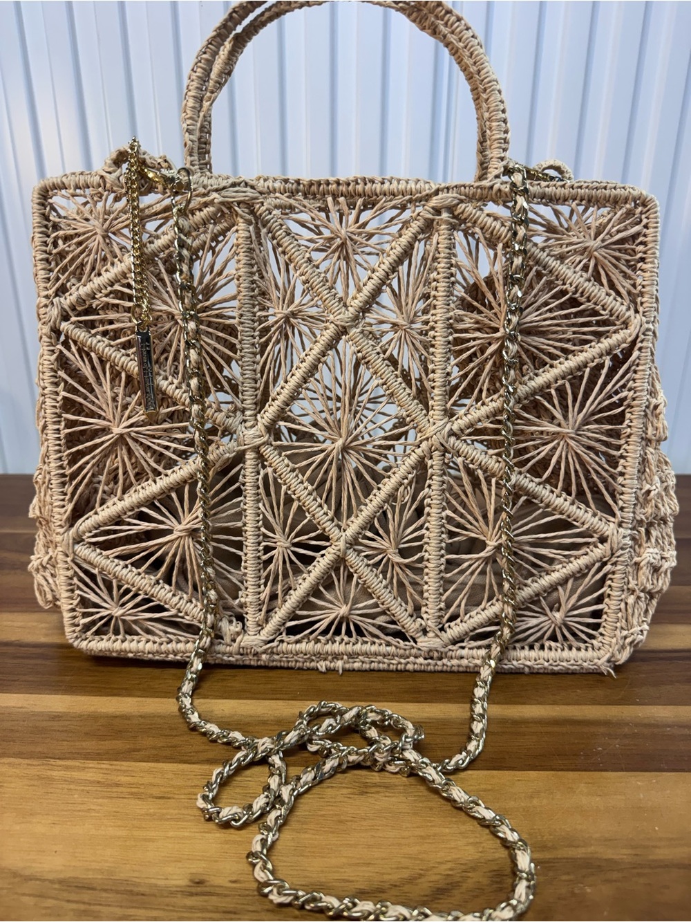 House of Harlow Woven Straw Tote Bag in Natural Beige with Gold Chain